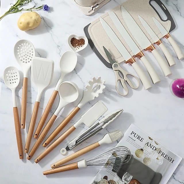 19 Pcs Kitchen Cooking Utensils and Knife Set with Block, Include 11 Pcs Silicone Cooking Utensils Set 5 Pieces Sharp Stainless Steel Chef Knives Scissors Whisk Tongs and Cutting Board 2024 - $25.99 –P10