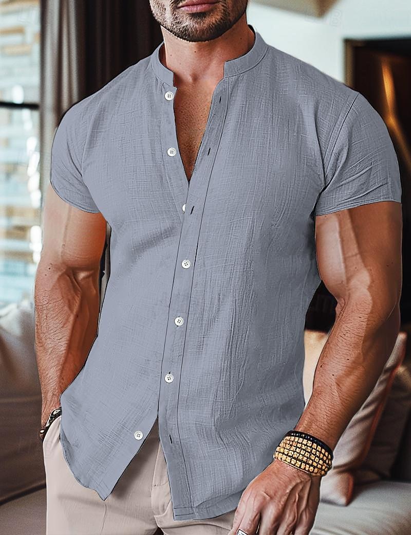 Per uomo Camicia camicia di lino Camicia con colletto a fascia Camicia estiva Abbigliamento mare Camicia hawaiana Tinta unica Strada Giornaliero Nero Bianco Blu Arancione Manica corta A fascia del 2026 a $8.49 –P11