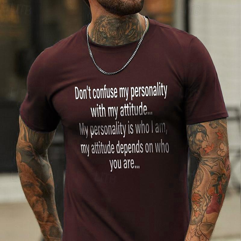 Mannen's Grafische Tee Korte Mouw - 'Persoonlijkheid vs. Attitude' Statement Top 2025 - $15.99 –P4