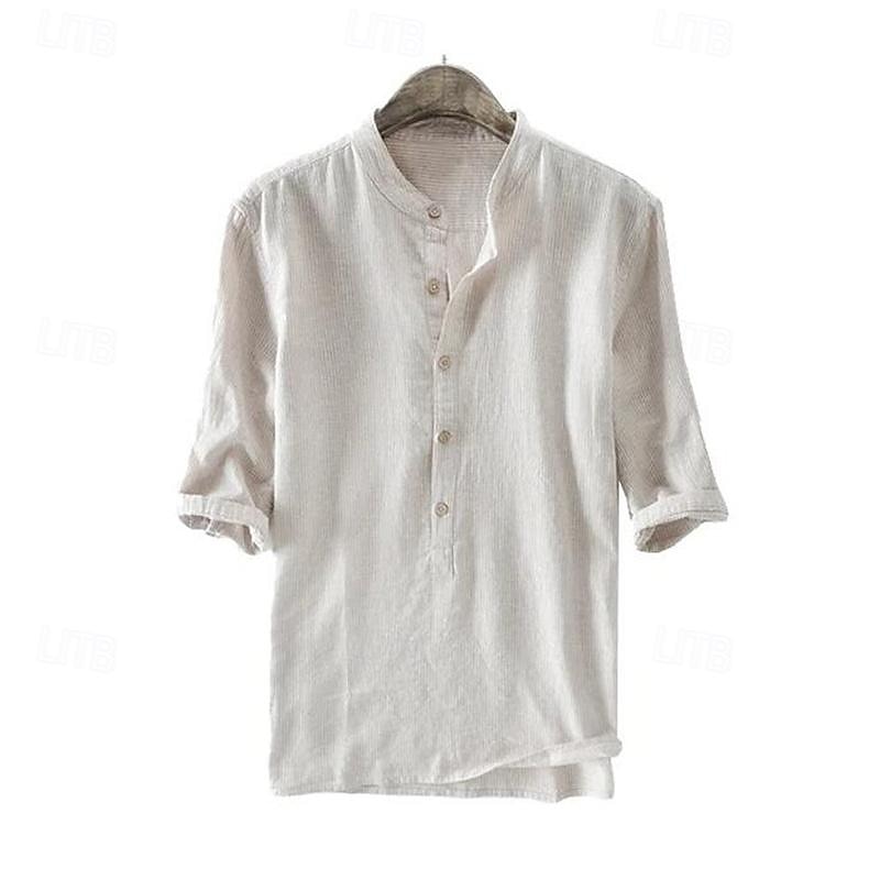 Men's Shirt Chinese Collar Shirt Mandarin Collar Shirt Casual Shirt Cotton Shirt Plain Vacation Street Sky Blue Dark Grey Beige Half Sleeve Band Collar Summer Clothing Apparel Button-Down 2026 - $21.99 –P1