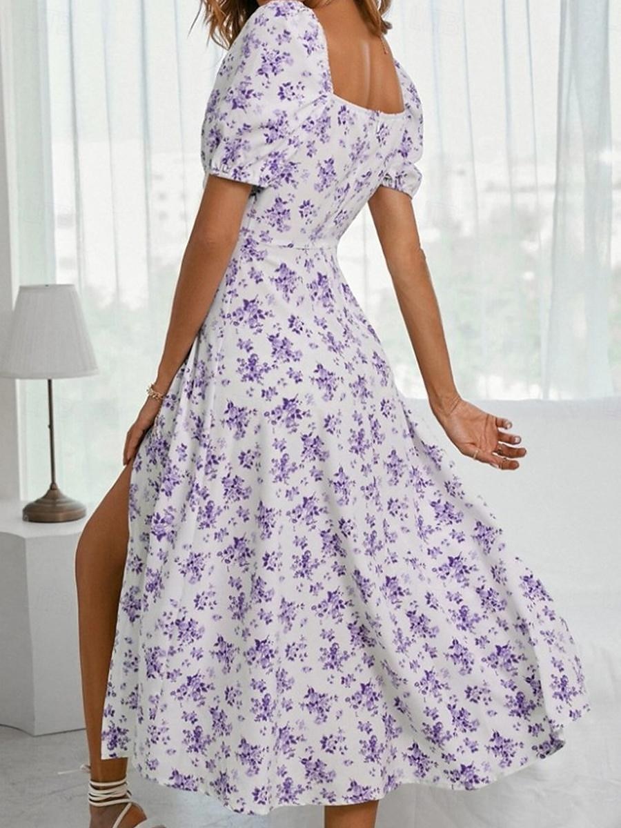 Women's Casual Dress Swing Dress Floral Split Print Square Neck Midi Dress Stylish Casual Daily Date Short Sleeve Summer 2025 - $28.99 –P9