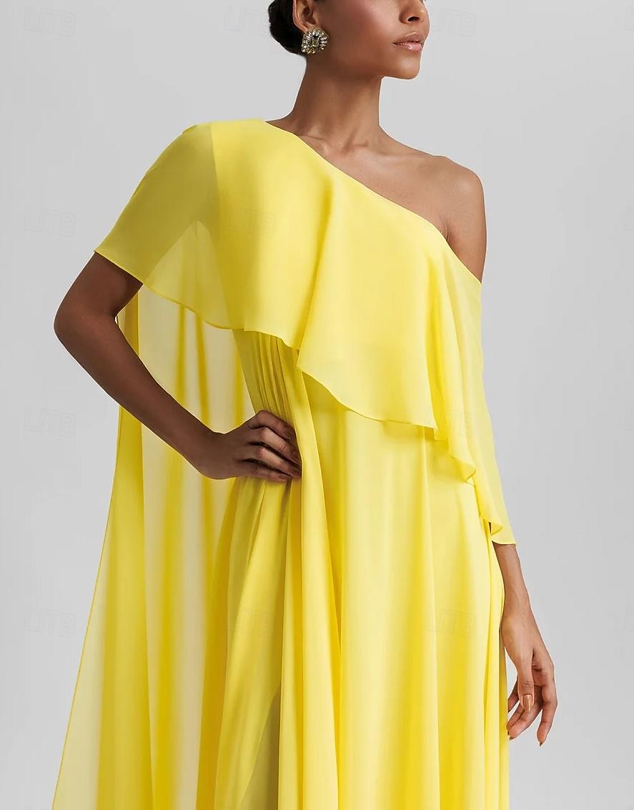 Robe de soirée A-Ligne Robe Élégante Robe de mariage à la plage Invité de mariage Formelle Longueur de sol Sans manches Épaule unique Chiffon extensible avec Volants Fente 2025 de 2025 ? $167.99 –P3