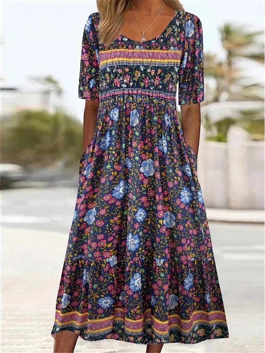 Pentru femei Rochii Midi Rochie casual Rochie de vară Rochie Boho Έθνικ Casual Vacanță Zilnic Dată Fit regulat Floral Manșon scurt Stil Nautic Alb Bleumarin Albastru regal Albastru piscină Vară 2025 - $39.99 –P2