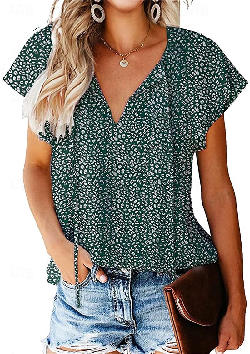 Dames Overhemd Blouse Luipaard Casual Korte mouw V-hals Normale tops Dagelijks Veters Afdrukken Zwart Geel Rood blauw Groen Zomer 2025 - $31.99 –P5