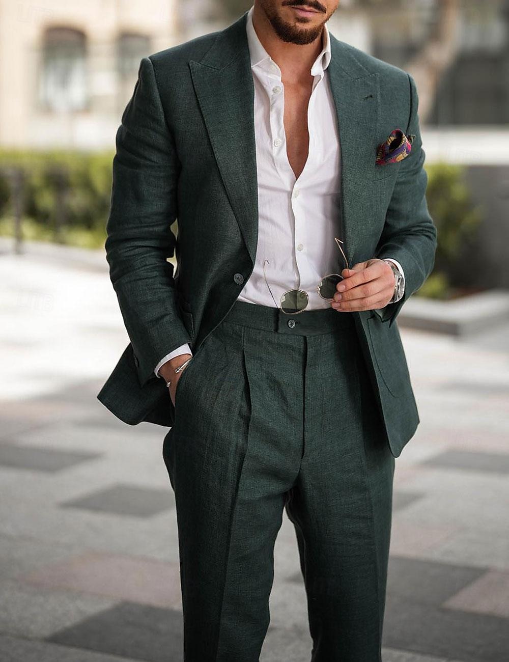 Costumes de mariage en lin pour hommes vert foncé été unis coupe sur mesure 2 pièces à un bouton de 2025 ? $116.99 –P2
