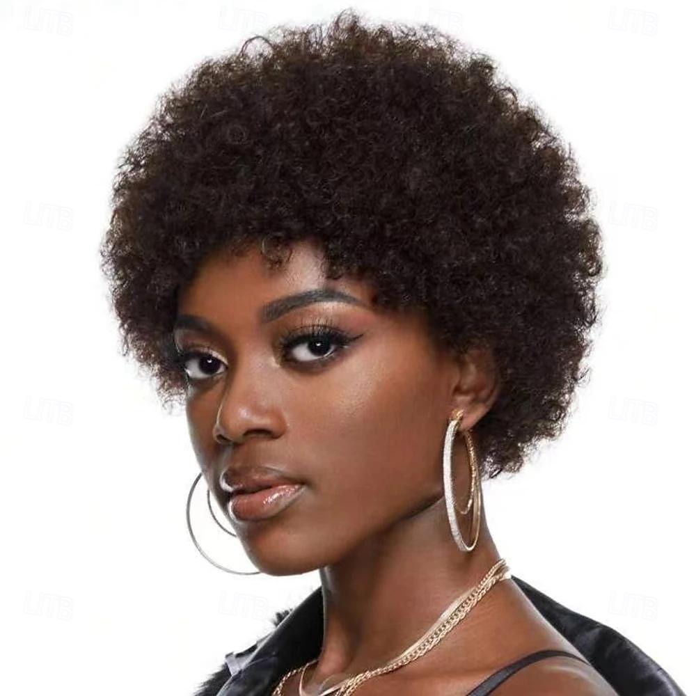 Afro crépus bouclés frange perruque pour femmes afro coupe de lutin courte perruque de cheveux humains doux bouclés perruque afro naturel à la recherche d'un usage quotidien de 2025 ? $47.99 –P5