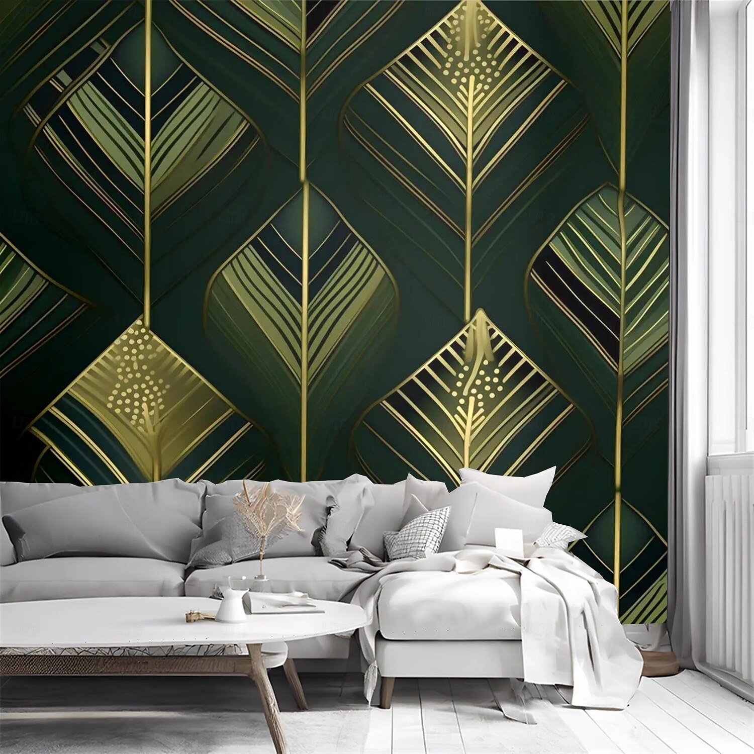 Papel de parede legal, mural de parede, folhas verdes douradas, adesivo de parede, cobertura de impressão, tela necessária, decoração de casa de 2025 por $13.99 -P5