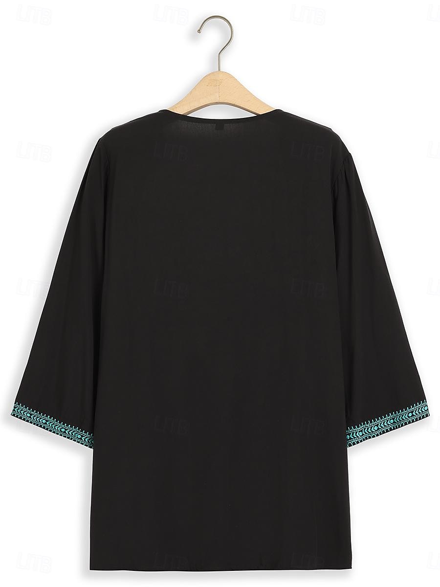 kvinners etnisk brodert tunika topp svart med turkis blomsterbroderi 3/4-ermet hakk i halsen dekorativ knapp foran casual til sosialt slitasje lett avslappet passform multi-size 2025 - $36.99 –P6