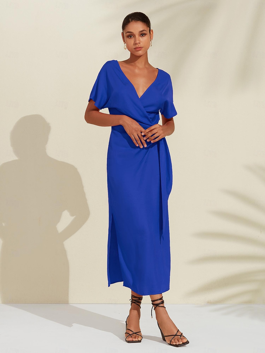 Robe midi portefeuille froncée en lin tencel pour femme orange rouge col en V de 2025 ? $119.99 –P11