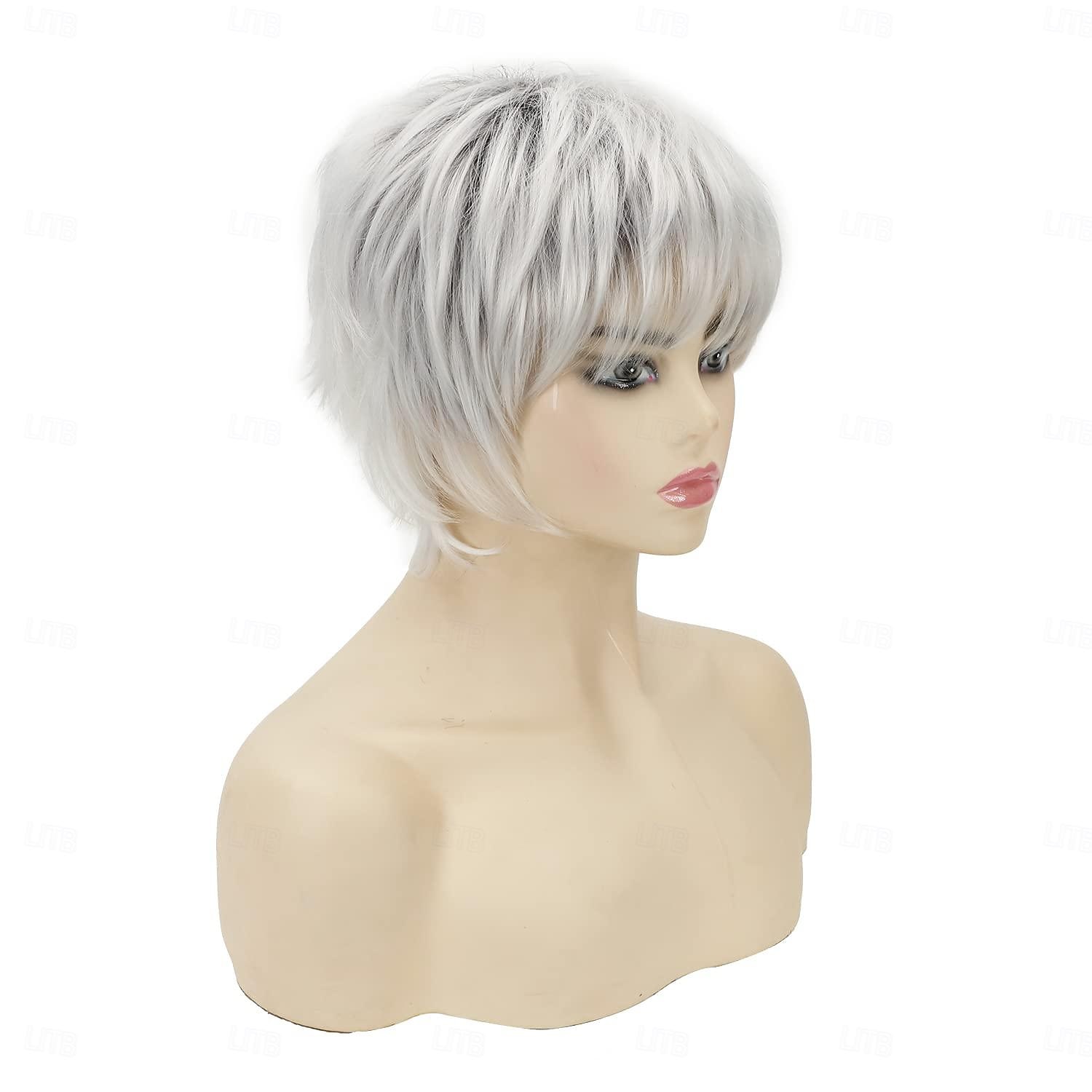 Pelucas cortas bob gris plateado para mujeres blancas peluca recta pixie bob con flequillo longitud de la barbilla resaltado rubio peluca de aspecto natural peluca sintética para fiesta diaria 2025 - $18.49 –P4