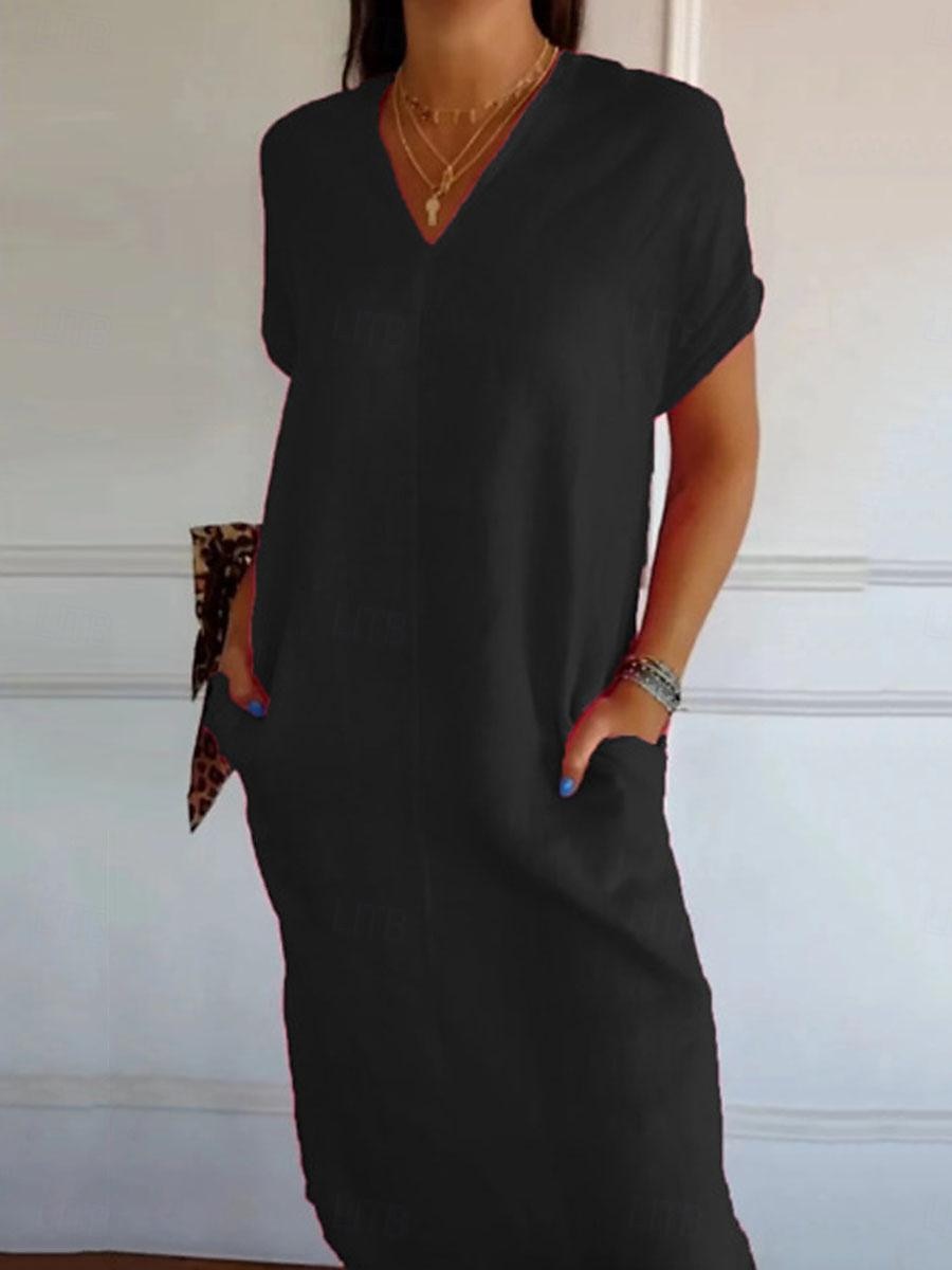 Femmes Noir Rouge Vert Été Printemps Robe Midi Robes inspirées du lin Robe Décontractée Basique Moderne Occasionnel Quotidien Week-end Coupe Ample Uni Col en V de 2025 ? $22.99 –P6