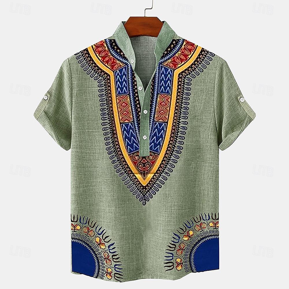 Męskie lniana koszula Koszula Henley koszule w stylu retro Koszula w stylu vintage Koszula etniczna Urlop Codzienny Zielony Khaki Beżowy Krótki rękaw Kołnierzyk chiński Lato Wiosna Odzież Druk 3D 2025 - $27.99 –P4