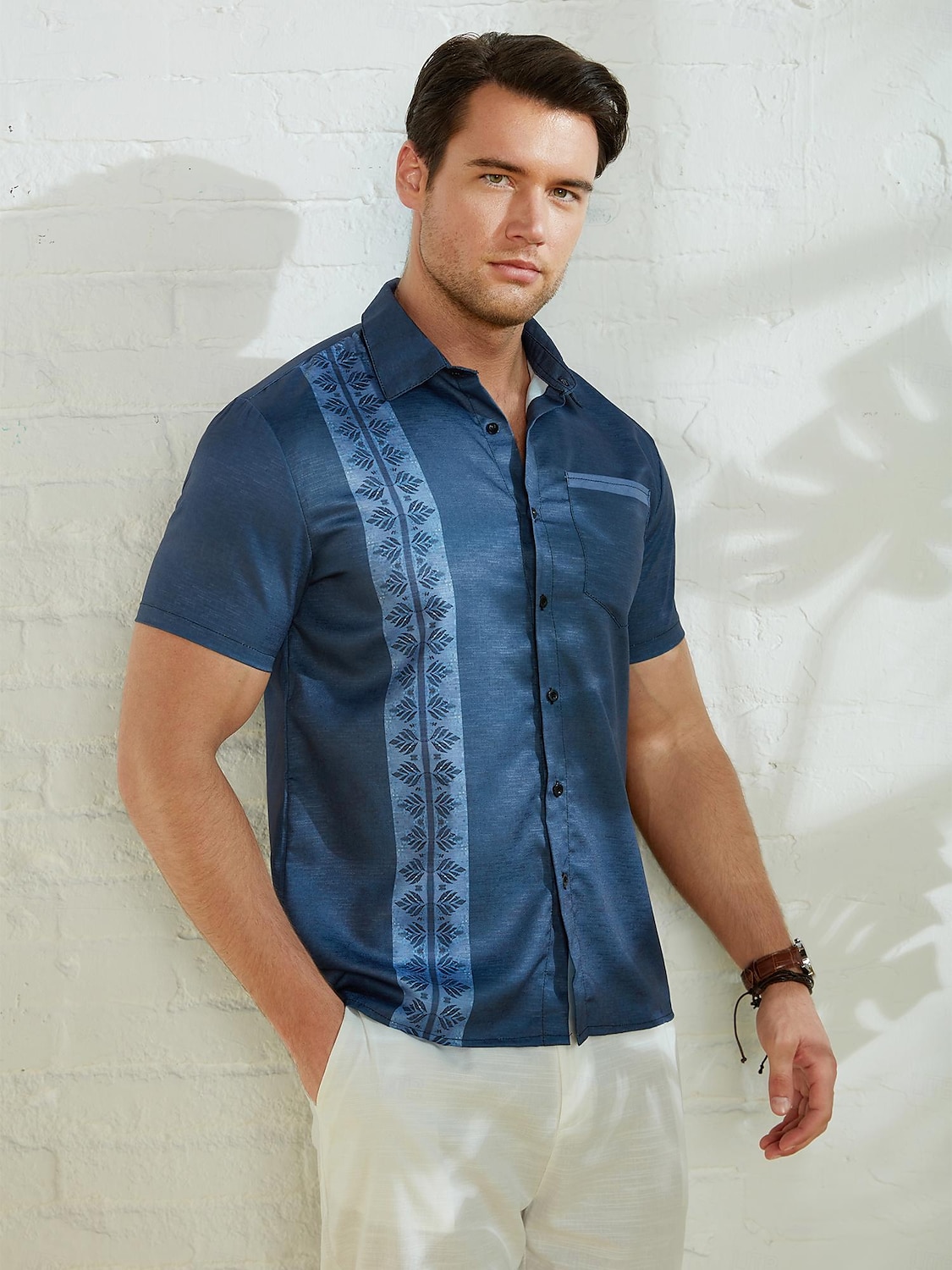 Voor heren Blad Etnisch Zomer overhemd Normaal shirt Overhemd met knopen Korte mouw Modieus Comfortabel Vakantie Dagelijks Feestdagen Zomer Revers Afdrukken Voorvak Rood blauw Groen Donkergrijs 2025 - $24.99 –P2