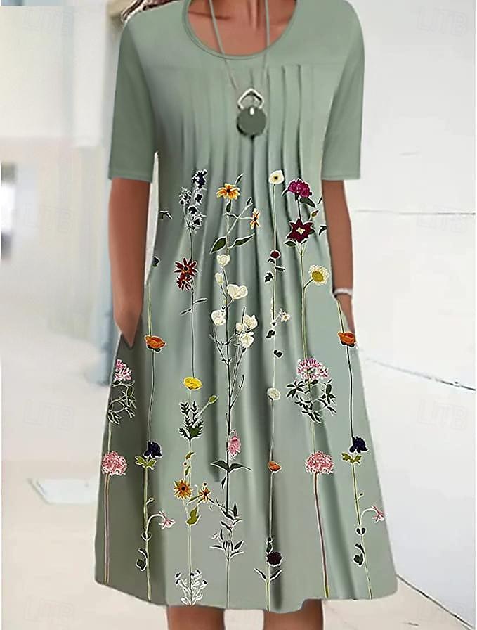 Women's Midi Dress Casual Dress Shift Dress Floral Ruched Print Crew Neck Basic Daily Short Sleeve Summer Spring 2025 - $31.99 –P2