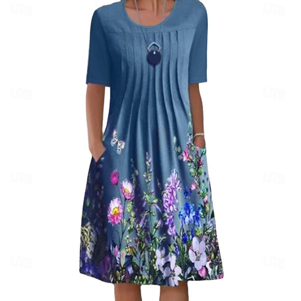 Vestito Midi Donna Vestito Casual Floreale Arricciato Stampa con Tasche Collo Giro Base Classico Quotidiano Manica Corta Estate Primavera del 2025 a $31.99 –P3