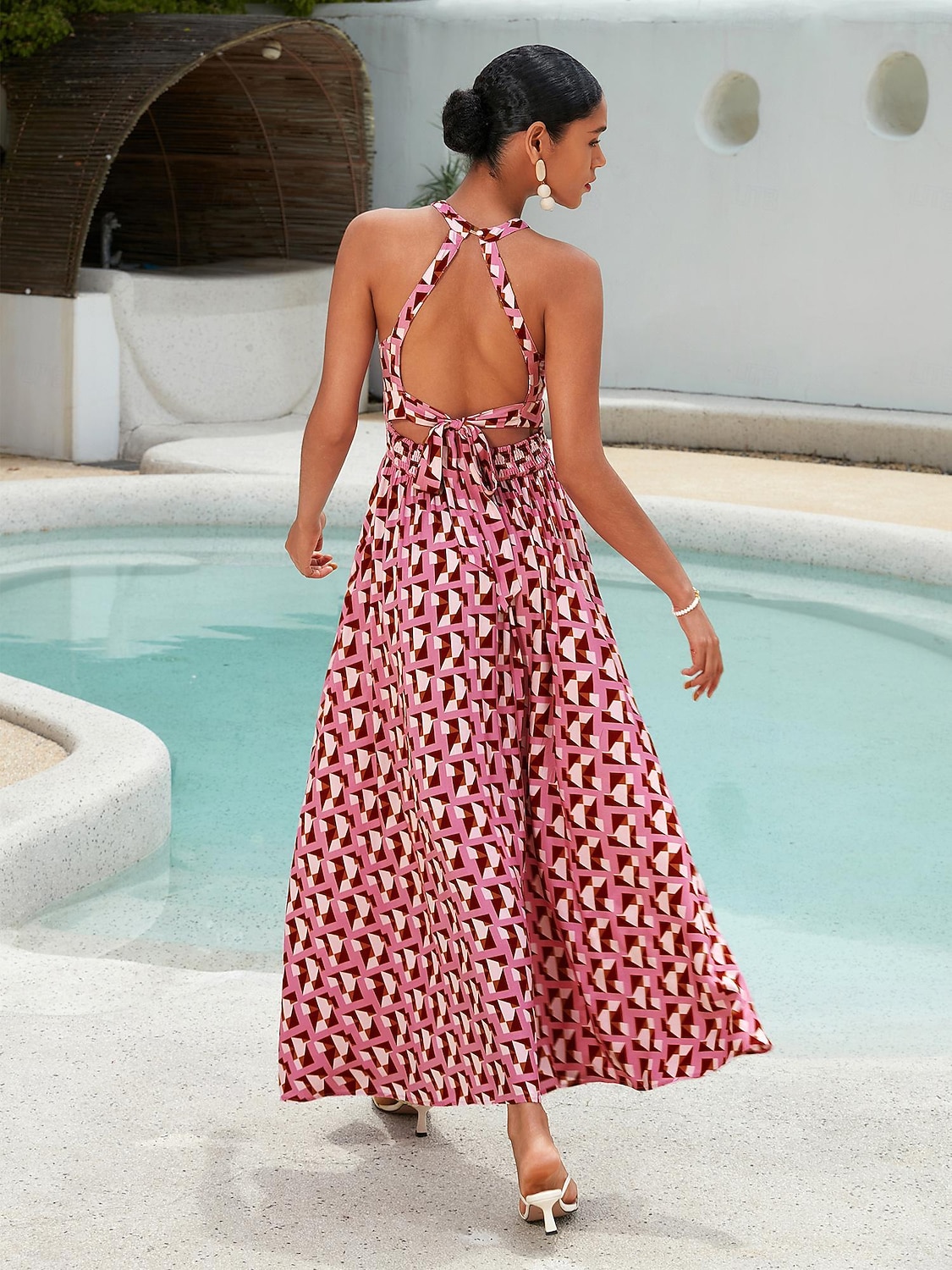 Damen Resortkleidung Maxikleid Rosa Ärmellos Geometrisch Spitzenbesatz Frühling & Sommer Neckholder Elegant Strandurlaub S M L 2025 - $86.99 –P2
