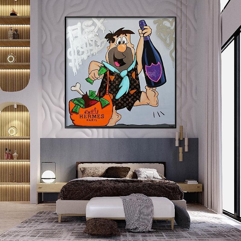 fred flintstone 100% handmålad graffiti konst popkonst målning väggdekor målning för vardagsrum kontor väggkonst tecknad målning 2025 - $200.99 –P1