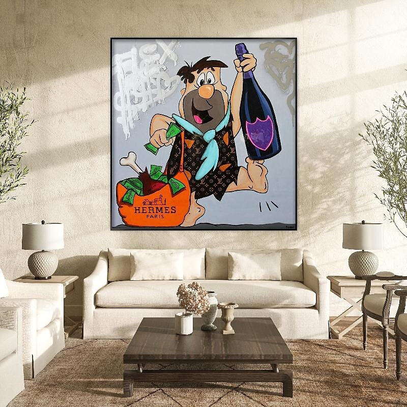 fred flintstone 100% handmålad graffiti konst popkonst målning väggdekor målning för vardagsrum kontor väggkonst tecknad målning 2025 - $200.99 –P4