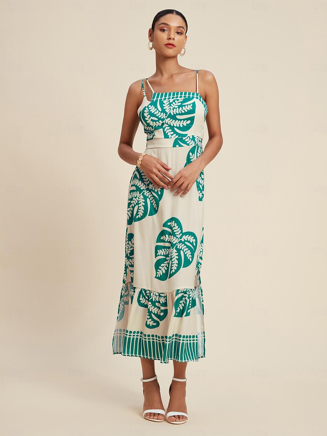 Maxikleid mit One-Shoulder-Träger aus Satin mit Palmenblättern 2025 - $103.99 –P6