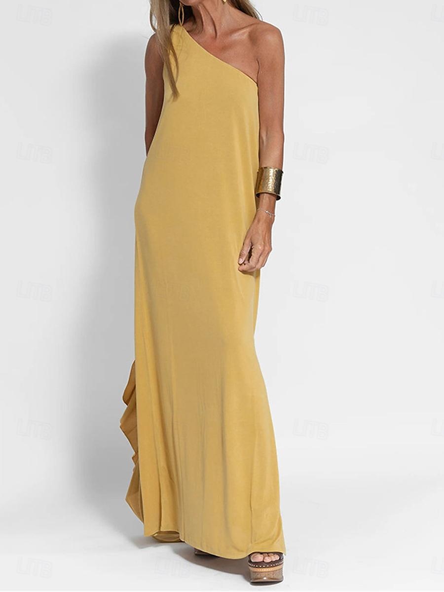 Damen schwarzes kleid Maxidress Rückenfrei Verabredung Urlaub Strassenmode Maxi Ein-Schulter Ärmellos Schwarz Gelb Grau Farbe 2025 - $39.99 –P5