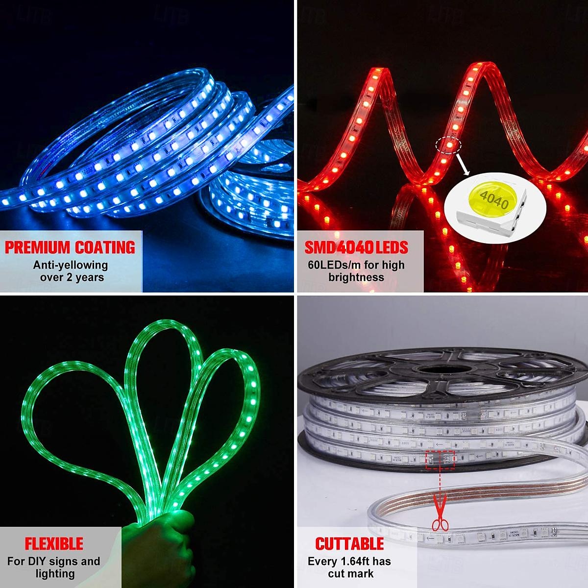 2025年 LED屋外ストリップライトAC220V防水IP67ライトストリップEUプラグフレキシブルロープライト5050 60 LED / M高輝度屋内および屋外商業照明装飾に最適インストールを含む  コレクション – $16.49 –P2