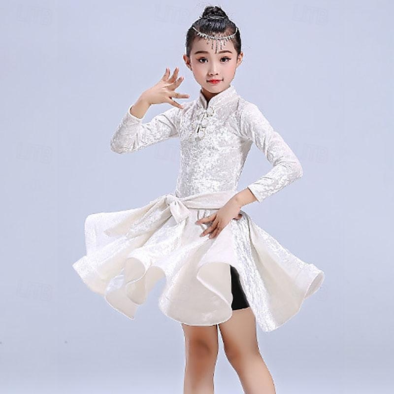 Latijnse dans Kinderdanskleding Kleding Buikriem Knopen Pure Kleur Voor meisjes Prestatie Opleiding Lange mouw Hoog Teryleen 2025 - $40.99 –P4