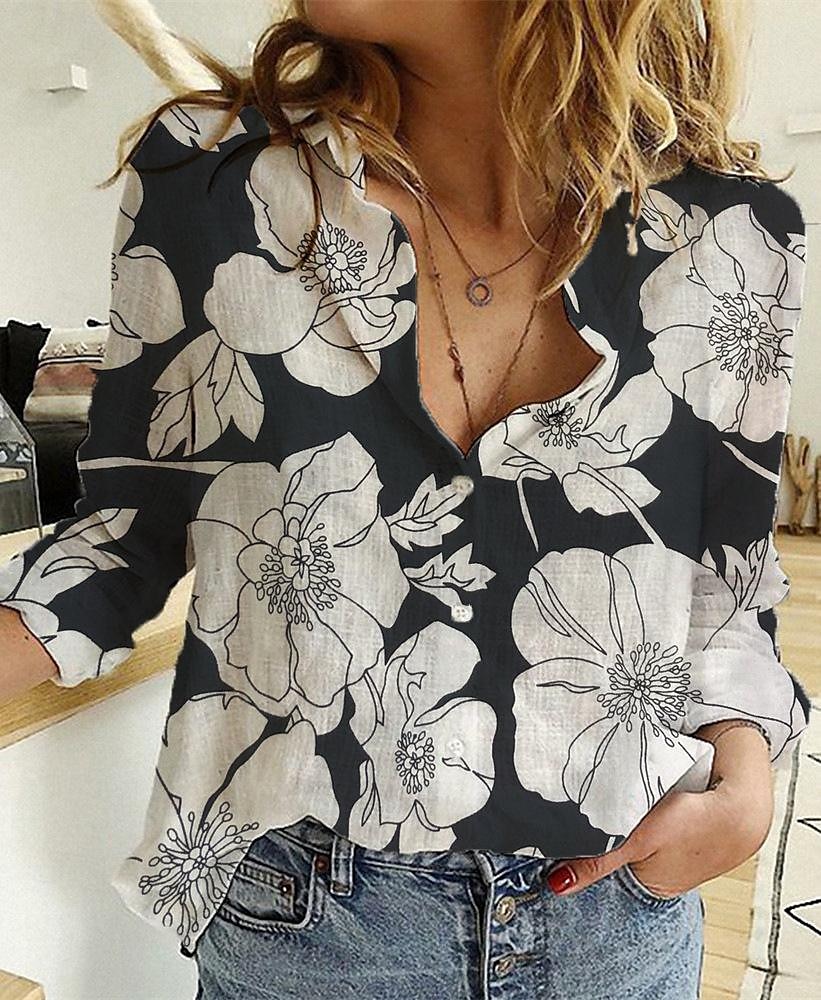 Mujer Camisa Camisas de algodón y lino Abotonar Blusa Floral Casual Manga Larga Cuello Camisero Tops regulares Vacaciones Diario Botones Estampado Negro Azul Piscina Verde Trébol Primavera verano 2025 - $27.99 –P2