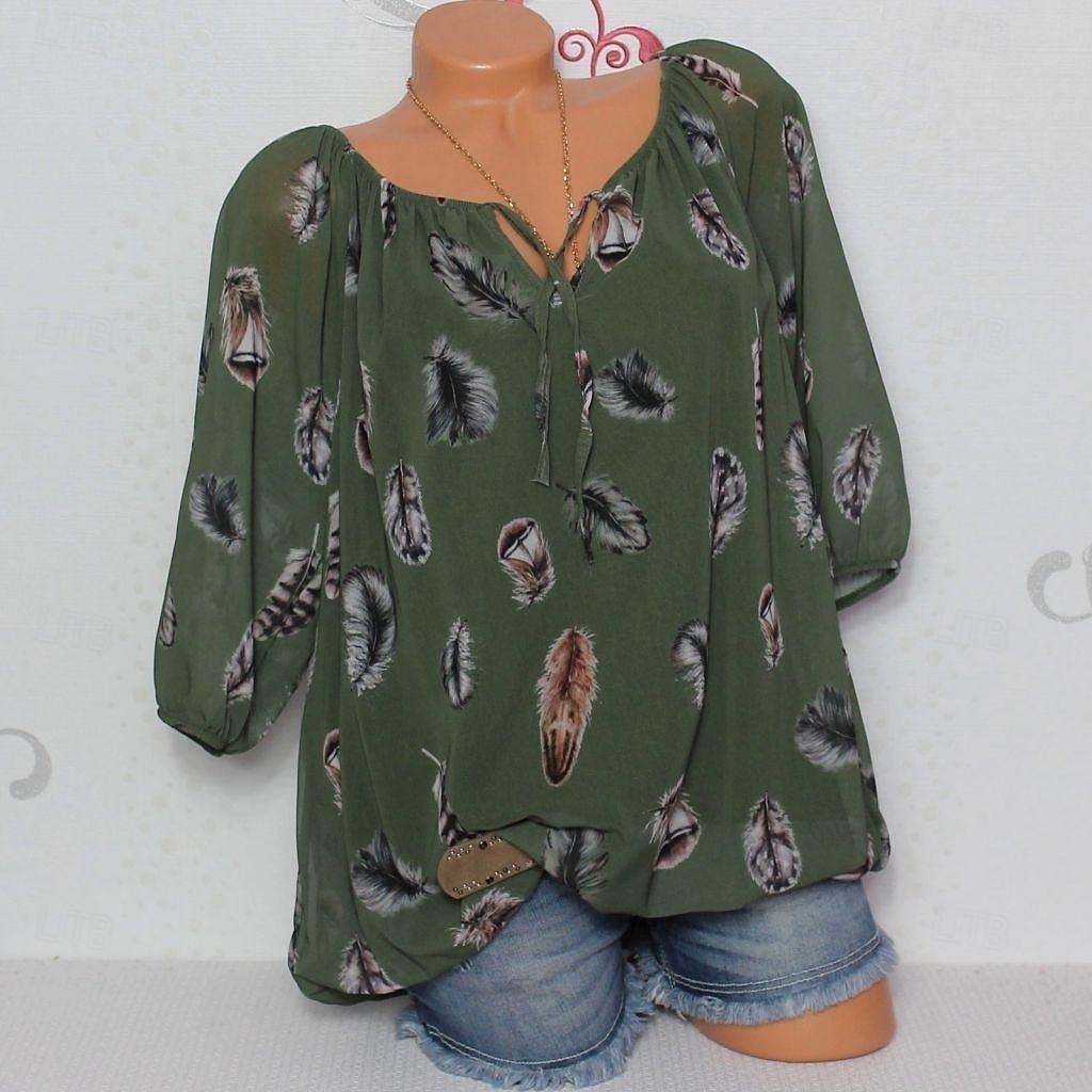Damen Boho Bluse Federdruck Langarm V-Ausschnitt Krawattenbänder fließendes Top weiß braun lässig Strand Festivalmode entspannte Passform Frühling Sommer Kleidung 2025 - $24.99 –P2