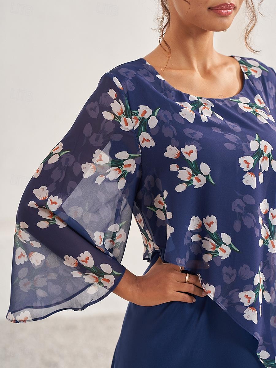 Damen Hochzeitsgastkleid A-Linien-Kleid elegantes geblümtes Midikleid Chiffon ausgestellte Ärmel Rundhalsausschnitt Patchwork normale Passform Hochzeitsgast Cocktailparty blau Sommer 2025 - $12.99 –P8