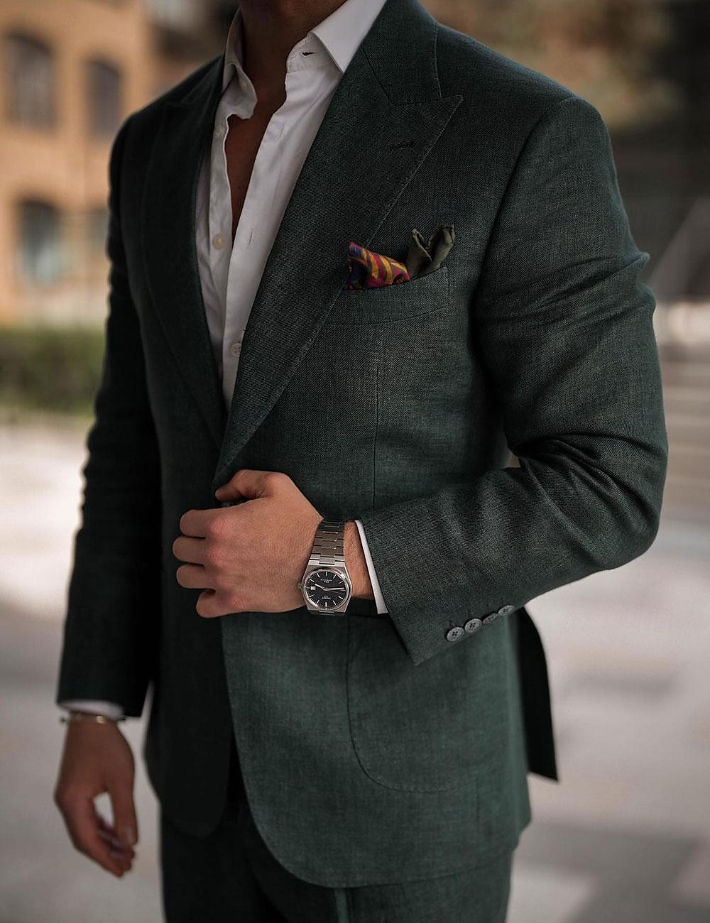 Costumes de mariage en lin pour hommes vert foncé été unis coupe sur mesure 2 pièces à un bouton de 2025 ? $116.99 –P1