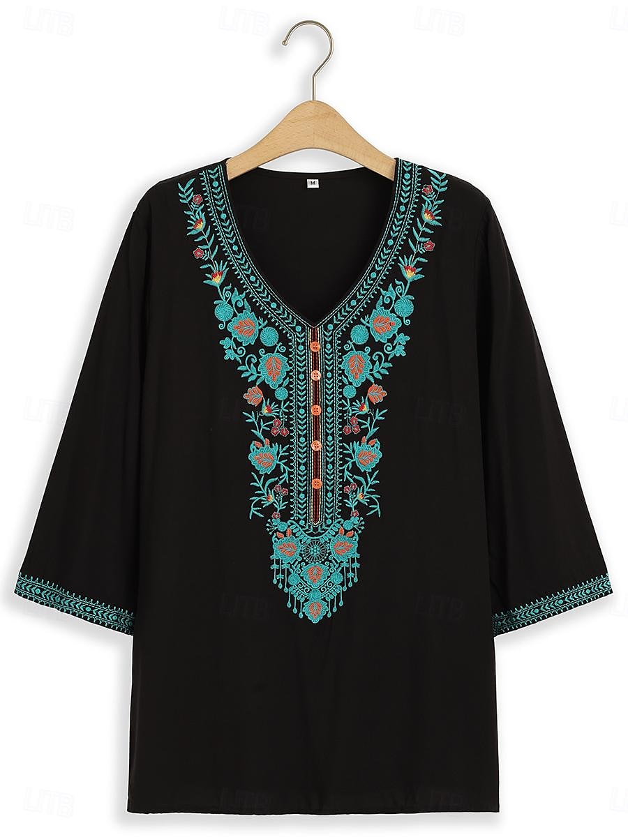 kvinners etnisk brodert tunika topp svart med turkis blomsterbroderi 3/4-ermet hakk i halsen dekorativ knapp foran casual til sosialt slitasje lett avslappet passform multi-size 2025 - $36.99 –P5