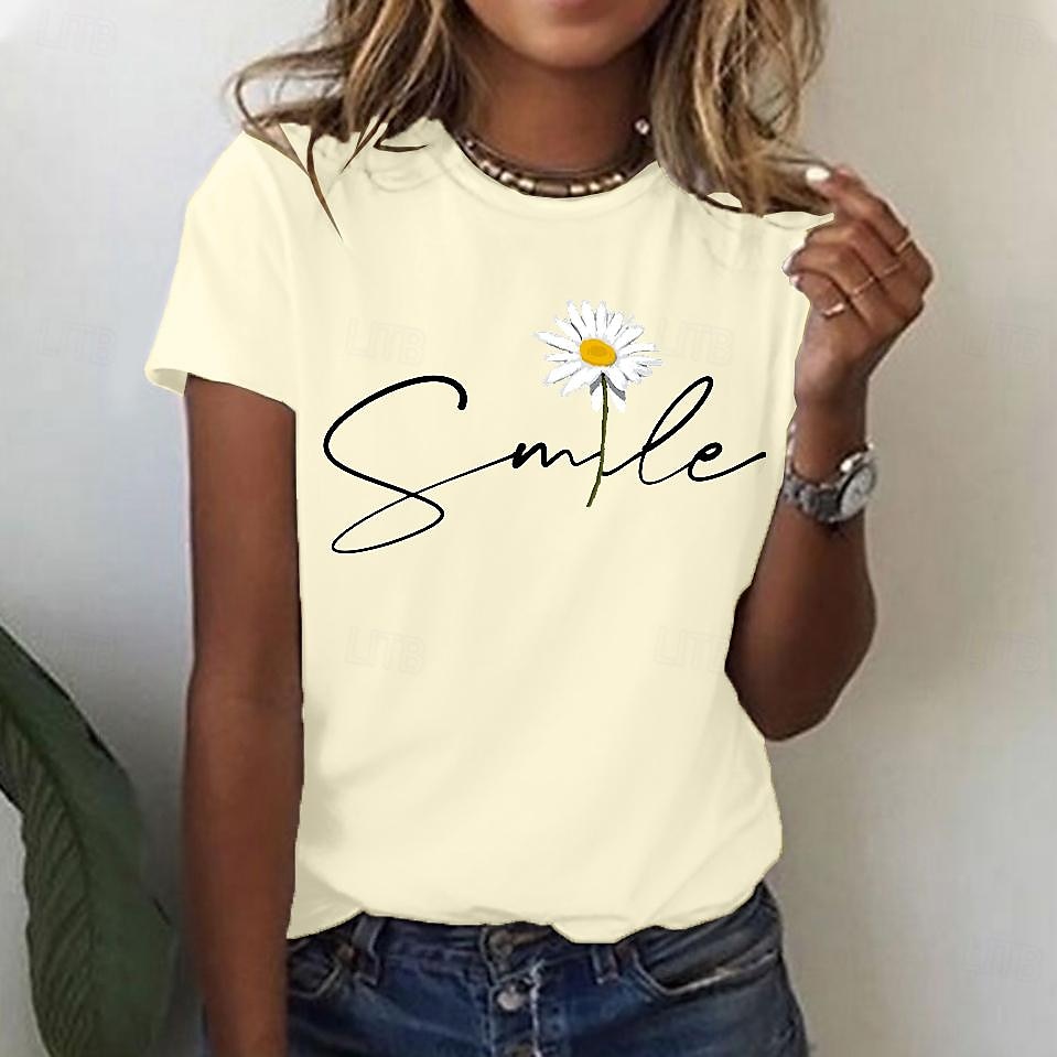 Women's T Shirt Daisy Basic Short Sleeve Round Neck Regular Tops Casual Weekend Print Black White Yellow Pink Navy Blue 2025 - $27.99 –P13