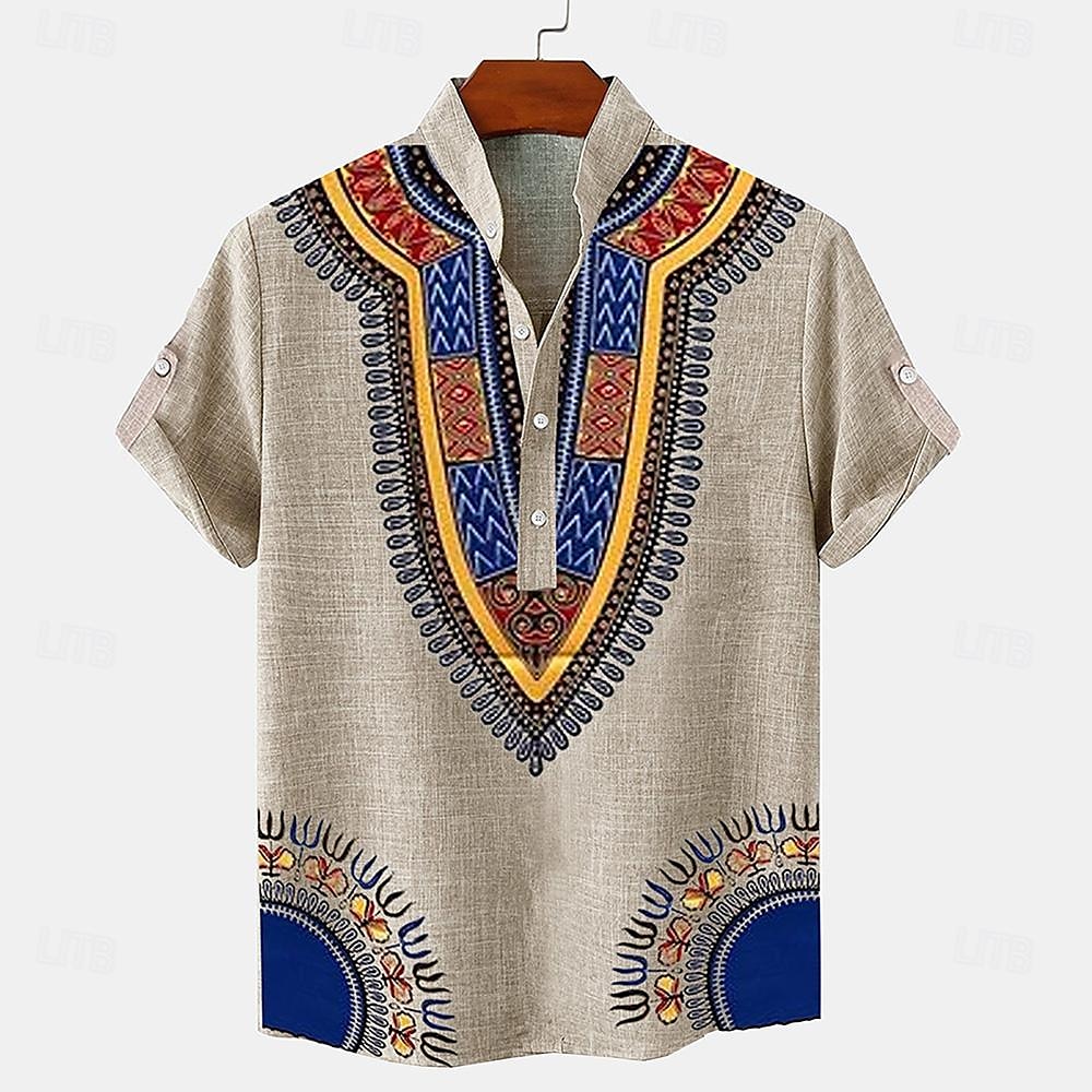 Męskie lniana koszula Koszula Henley koszule w stylu retro Koszula w stylu vintage Koszula etniczna Urlop Codzienny Zielony Khaki Beżowy Krótki rękaw Kołnierzyk chiński Lato Wiosna Odzież Druk 3D 2025 - $27.99 –P1