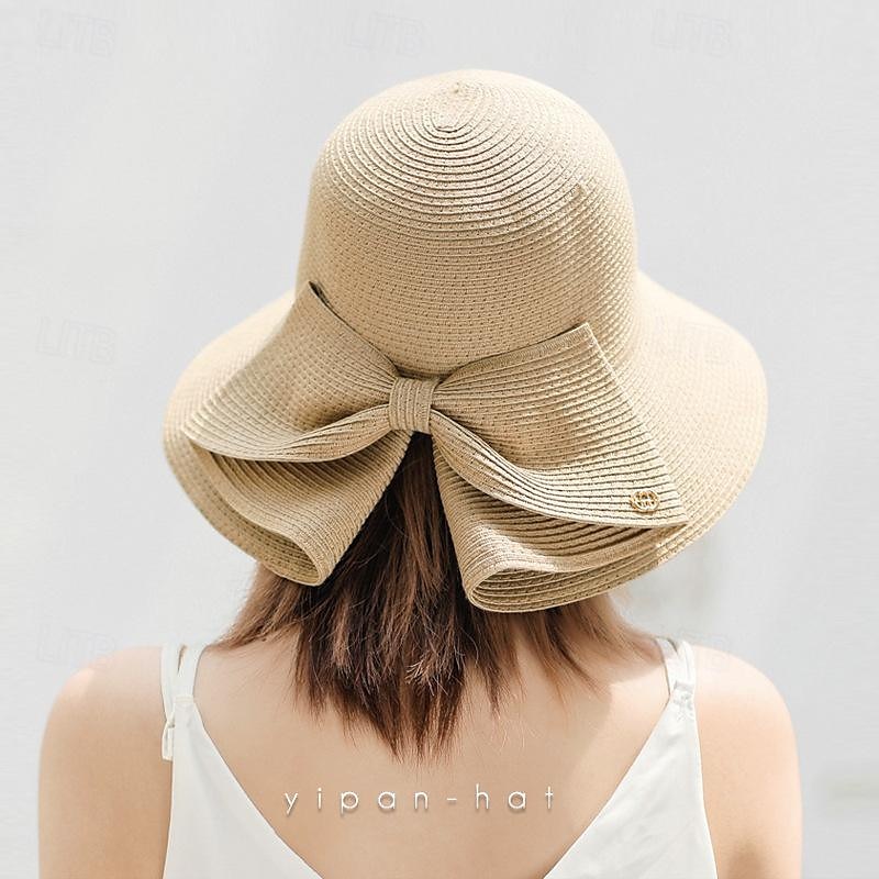Dam Hatt Halmhatt Solhatt Bärbar Solskydd Andningsfunktion Gata Dagligen Helgen Rosett Ren färg 2025 - $16.99 –P4