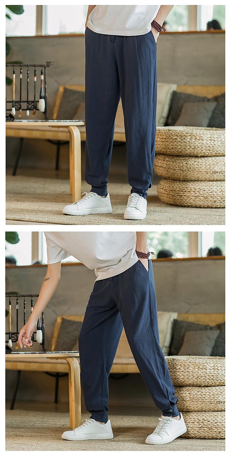 Homens Calças de linho Calça verão Calça casual Bolsos Côr Sólida Respirável Comprimento total Esportes Relaxantes Casual Ajuste Largo Preto Azul Profundo Sem Elasticidade de 2025 por $31.99 –P10