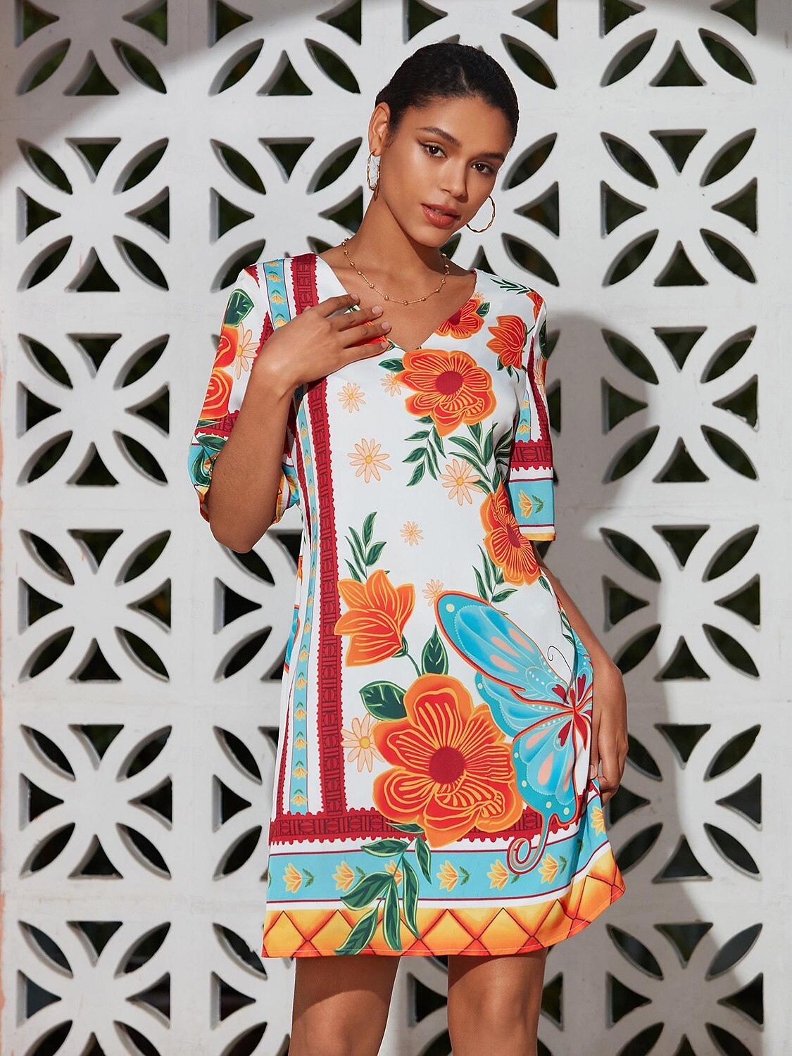 mini abito da donna con stampa floreale, scollo a V, manica corta, vestito estivo con motivo floreale arancione, casual, abbigliamento da spiaggia, stile elegante del 2025 a $64.99 –P8
