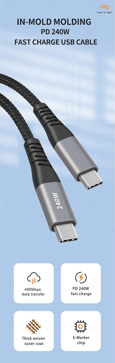 1 упаковка Кабель USB 3.0 100 Вт 3,3 фута USB-C на USB-C 6 A Кабель для зарядки Быстрая зарядка Высокая скорость передачи данных нейлон плетеный Прямой угол Прочный Назначение Macbook iPad Samsung 2025 - $15.99 –P1