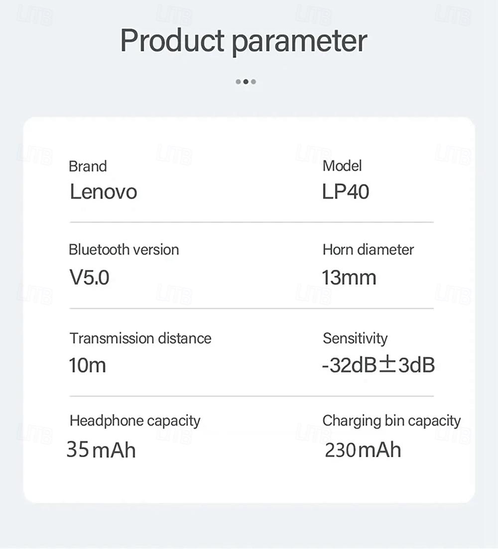 Lenovo LP40 Earphones TWS Wireless Bluetooth 5.0 Earbuds Bass Touch Control Stereo Noise Reduction Long Standby 230mAH 2025 - GBP £11.45 –P17