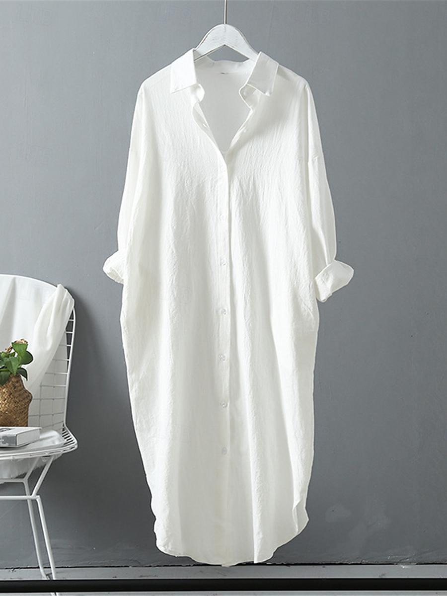 Women's White Dress Shirt Dress Cotton Linen Dress Midi Dress Office Vacation Linen Basic Casual Shirt Collar Button Long Sleeve Summer Spring Loose Fit Plain 2025 - $39.99 –P1