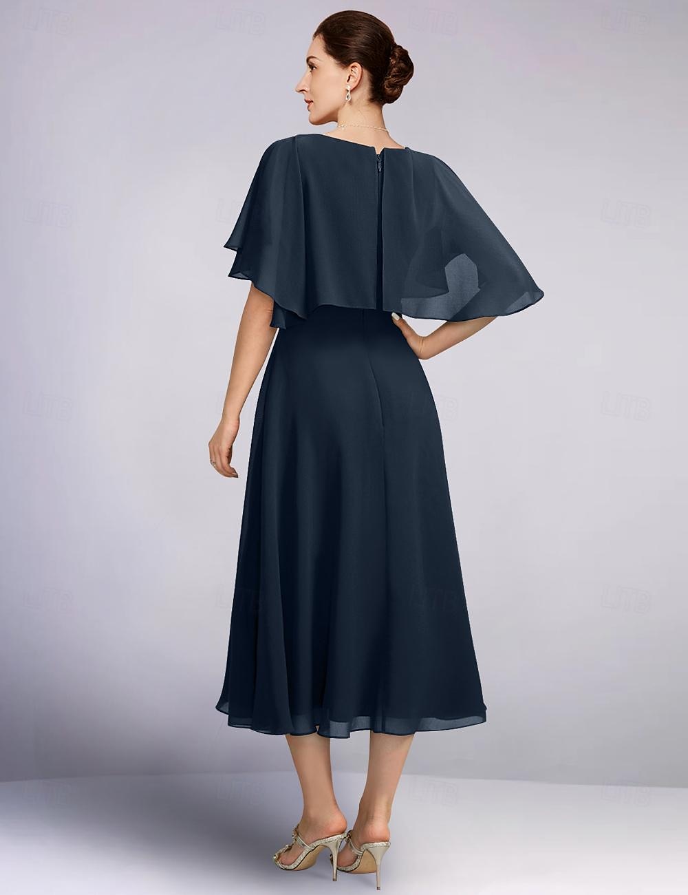 Strand Bruiloft A-Lijn Moeder van de Bruid Jurk Elegante Sierlijke Hals Thee Lengte Chiffon Halve Mouw met Kant maat op maat 2025 - $160.99 –P2