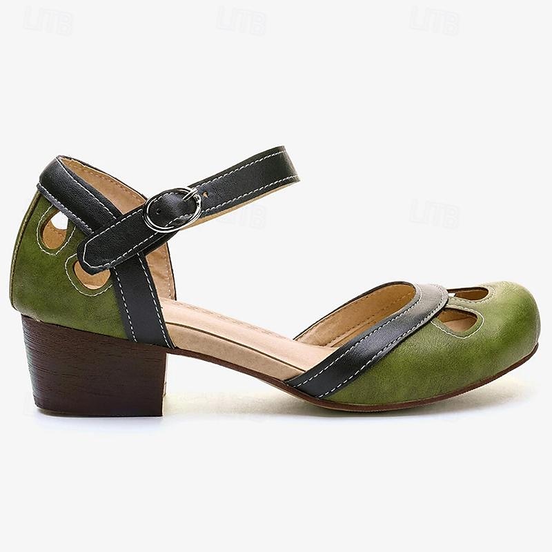 Women's Vintage Green Mary Jane Faux Leather Heels with Cutout Design and Adjustable Strap – Comfortable Retro Block Heel Shoes for Casual and Formal Occasions 2025 - GBP £34 –P2