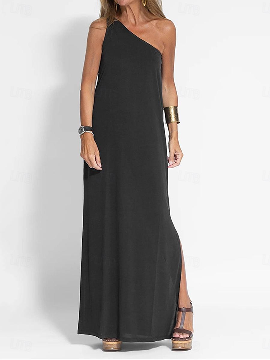 Damen schwarzes kleid Maxidress Rückenfrei Verabredung Urlaub Strassenmode Maxi Ein-Schulter Ärmellos Schwarz Gelb Grau Farbe 2025 - $39.99 –P1