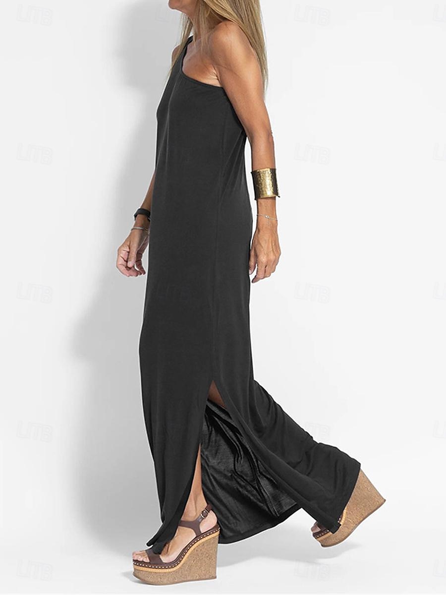Damen schwarzes kleid Maxidress Rückenfrei Verabredung Urlaub Strassenmode Maxi Ein-Schulter Ärmellos Schwarz Gelb Grau Farbe 2025 - $39.99 –P2