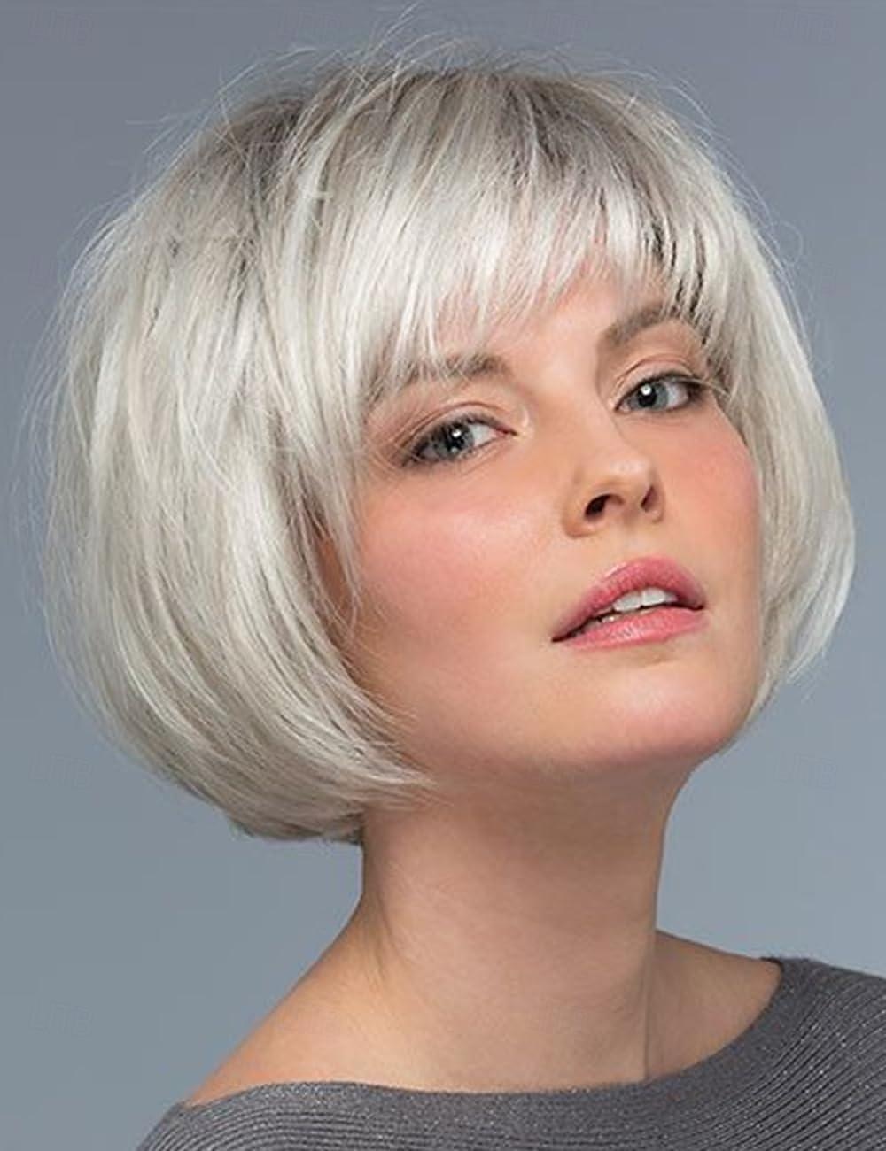 Kurze Ombre-Perücken mit weißblondem Bob für weiße Frauen mit Pony, kinnlang, gestuft, gemischtes Blond, süße, glatte Pixie-Bob-Perücke, synthetische, natürlich aussehende Perücke für jeden Tag und 2025 - $18.49 –P1
