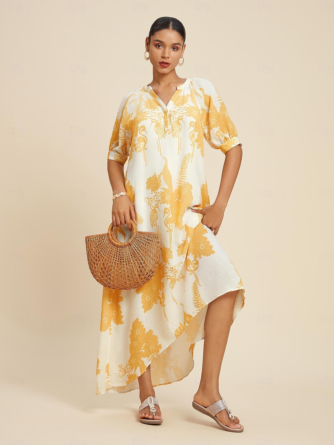 robe longue fleurie à col en V et coupe basse de 2025 ? $114.99 –P4