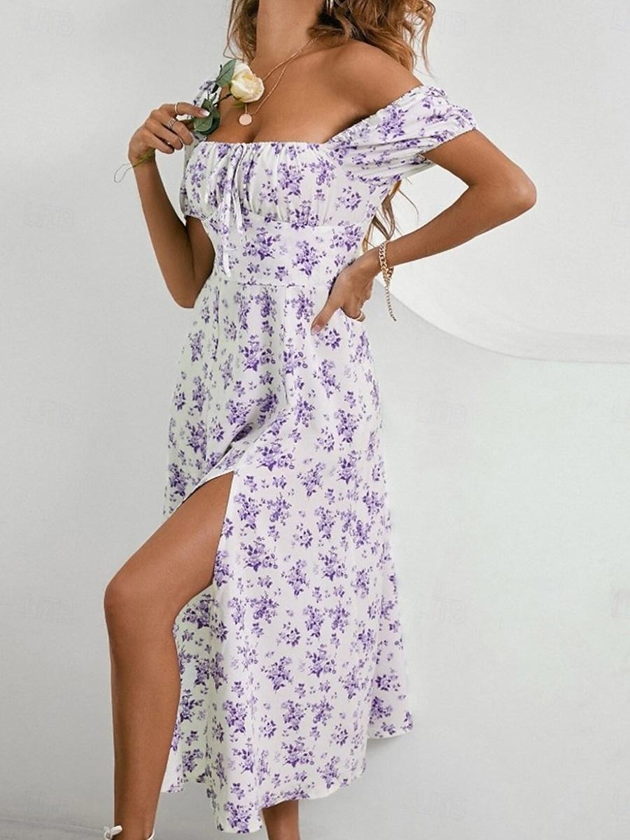 Women's Casual Dress Swing Dress Floral Split Print Square Neck Midi Dress Stylish Casual Daily Date Short Sleeve Summer 2025 - $28.99 –P10