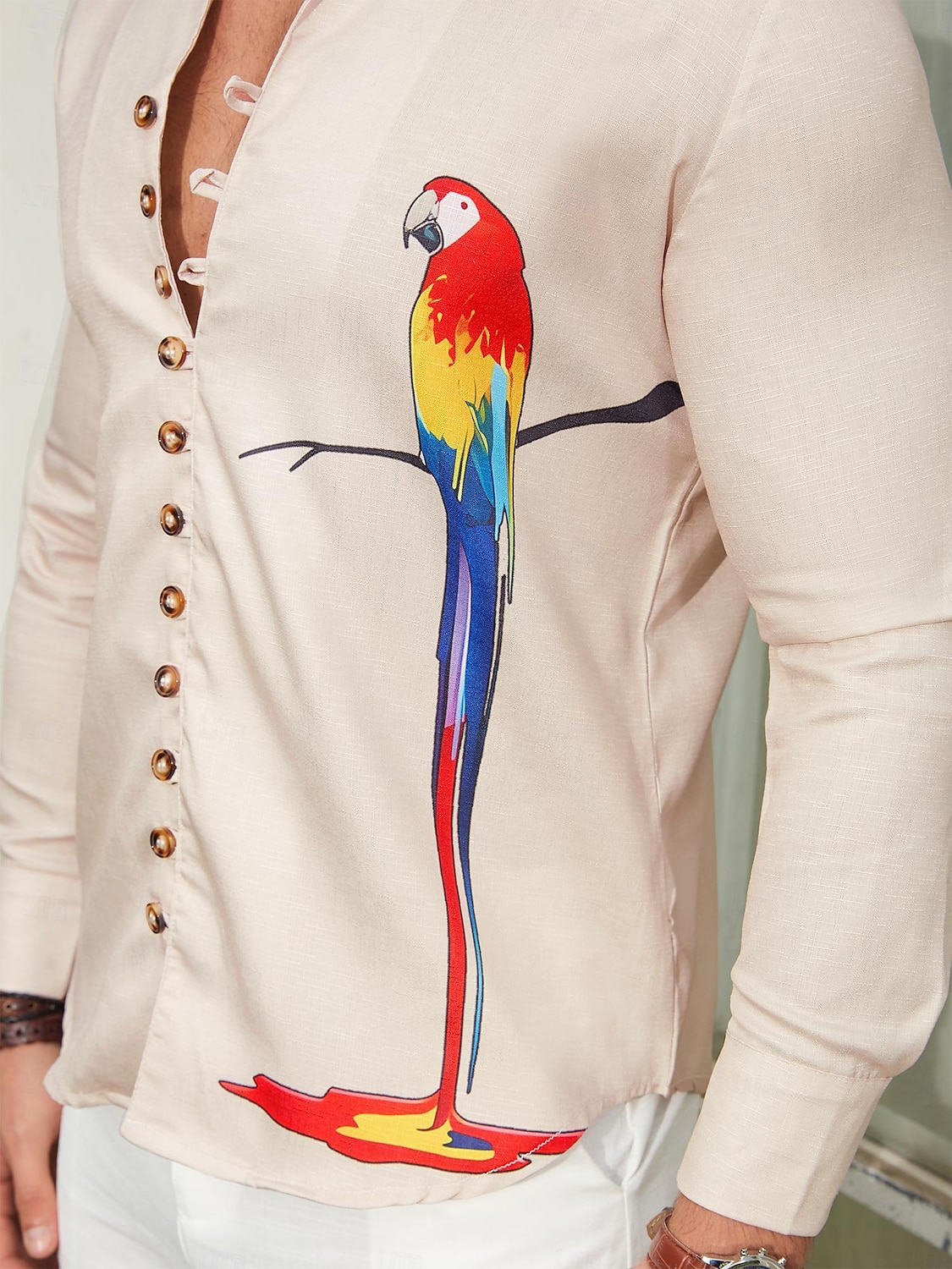 Voor heren Papegaai Overhemd Hawaiiaans overhemd Aloha-shirt Lange mouw Overhemd Opstaand Modieus Ontwerper Casual Buiten Vakantie Straat Wit blauw Blauw / Wit S M L 2025 - $26.99 –P6