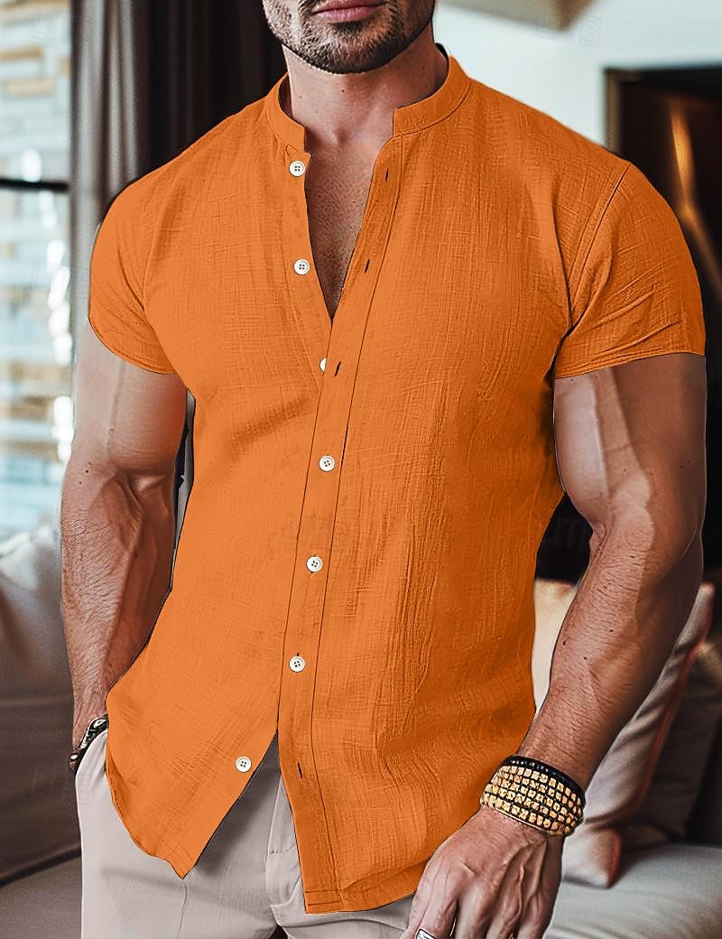 Per uomo Camicia camicia di lino Camicia con colletto a fascia Camicia estiva Abbigliamento mare Camicia hawaiana Tinta unica Strada Giornaliero Nero Bianco Blu Arancione Manica corta A fascia del 2026 a $8.49 –P6