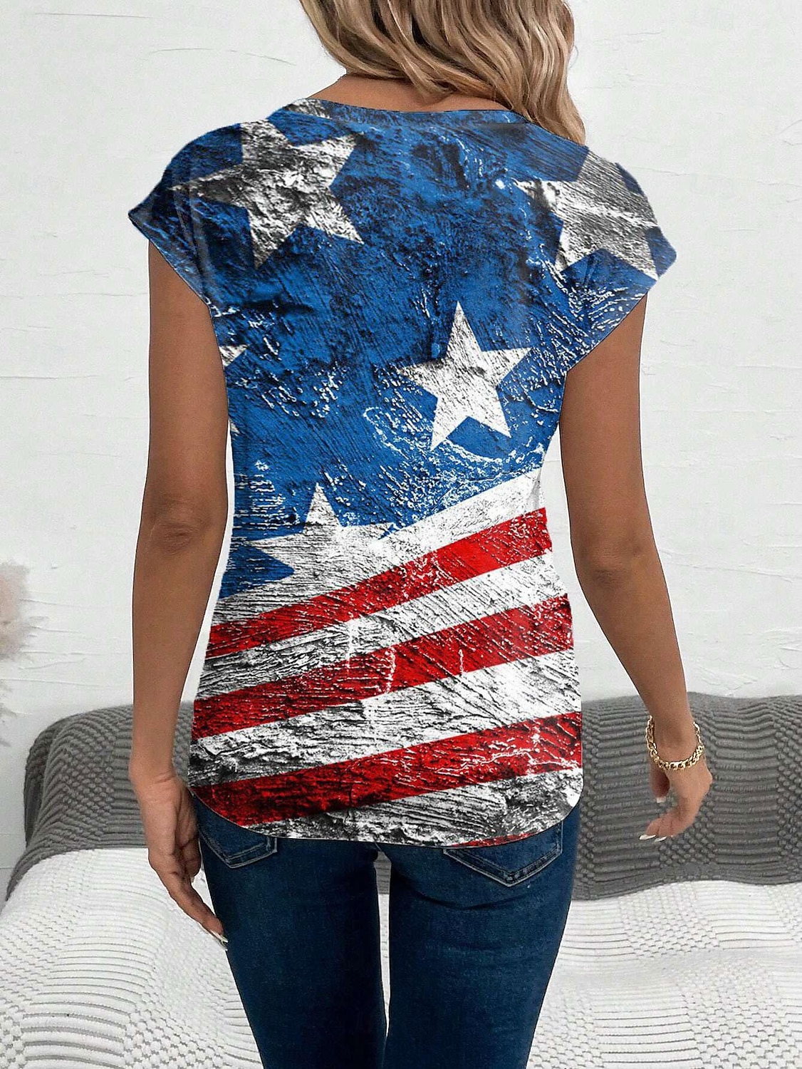 Kvinners patriotiske cami-top amerikansk flagg uformell kort erm V-hals vanlige topper daglig blå sommer 2025 - $17.99 –P2