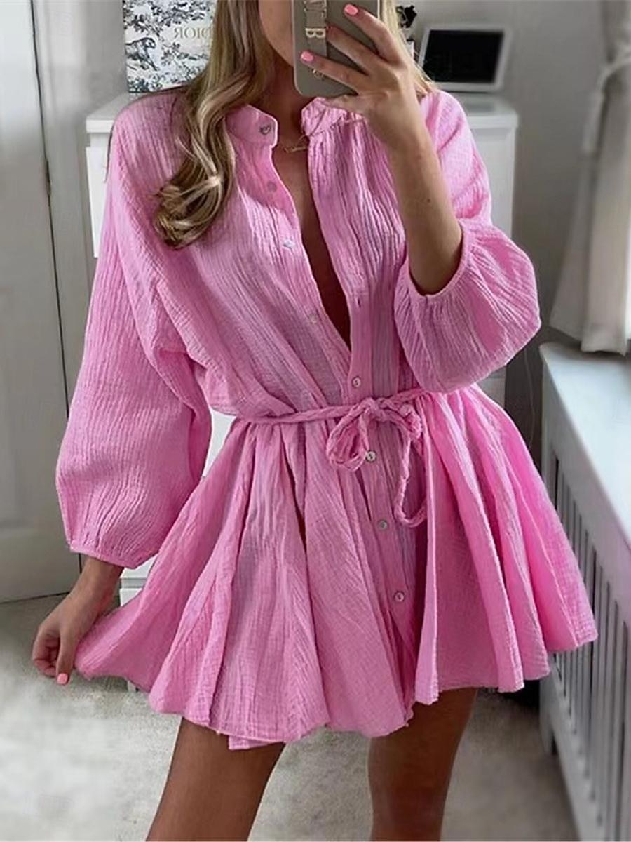 Damen Weißes Kleid blusenkleid Minikleid Verabredung Urlaub Leinen Basic Brautkleider schlicht Ständer Taste Langarm Sommer Frühling Regular Fit Glatt 2025 - $26.99 –P3